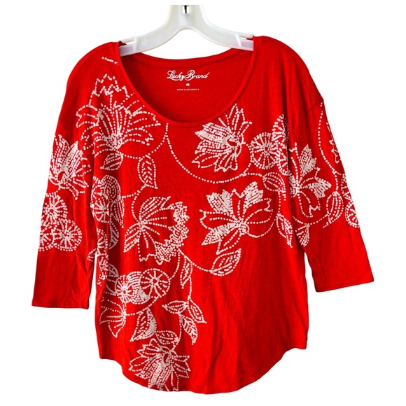 Lucky Brand Tops - Lucky Brand Top Womens Size M Red Floral Dotted Print 3/4 Sleeve Scoop Neck